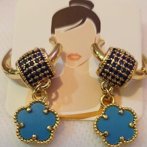 Gold and Blue Floral Drop Earrings